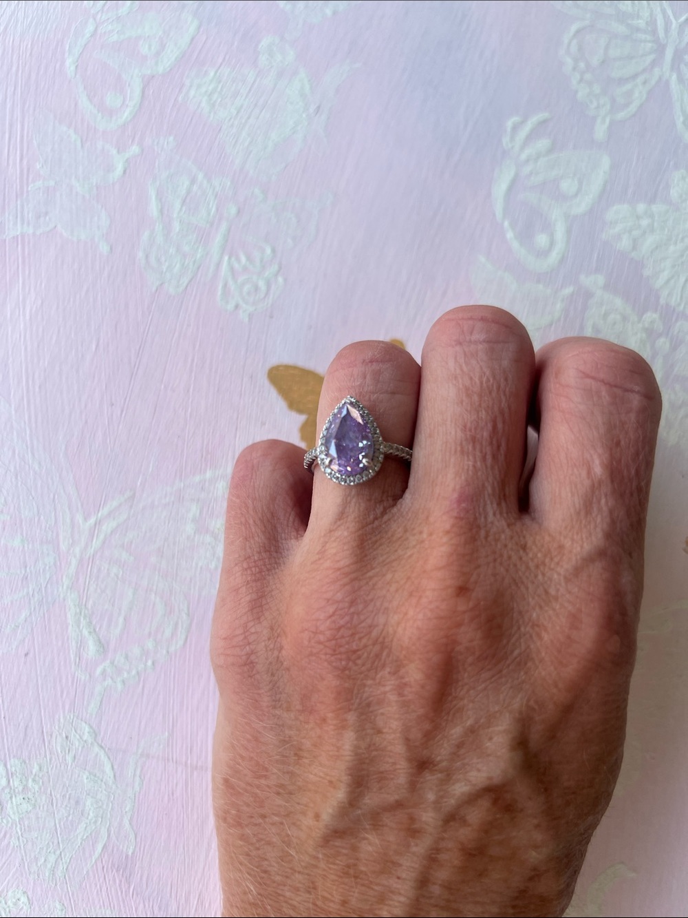 Vintage Pear Cut Lavender Amethyst Diamond Halo Ring White Gold size 7